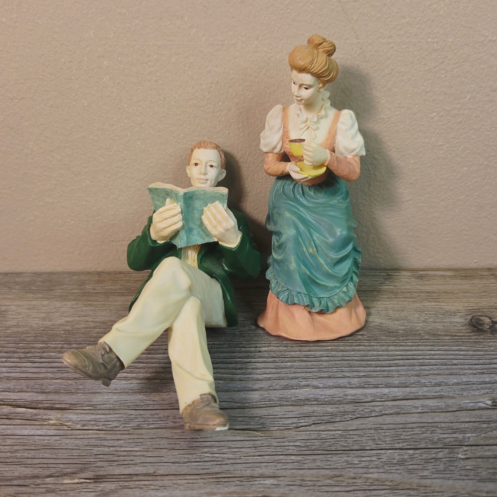 Victorian Shelf Sitter Figurines Man Reading Woman Tea Set Vintage Style Decor
